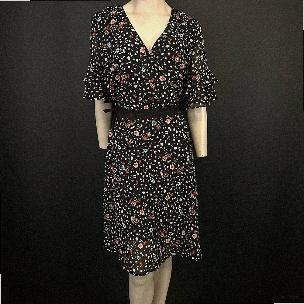 SOSANDAR schwarz Blumendruck Rüschenärmel Faux Wickelkleid Größe 16 Hochzeitsgast