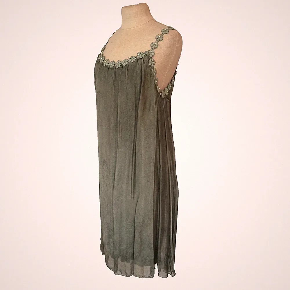 Spaghettiträger Kleid Italy 💙 Oliv Blickdicht Chiffon D103P Größe 36,38,S