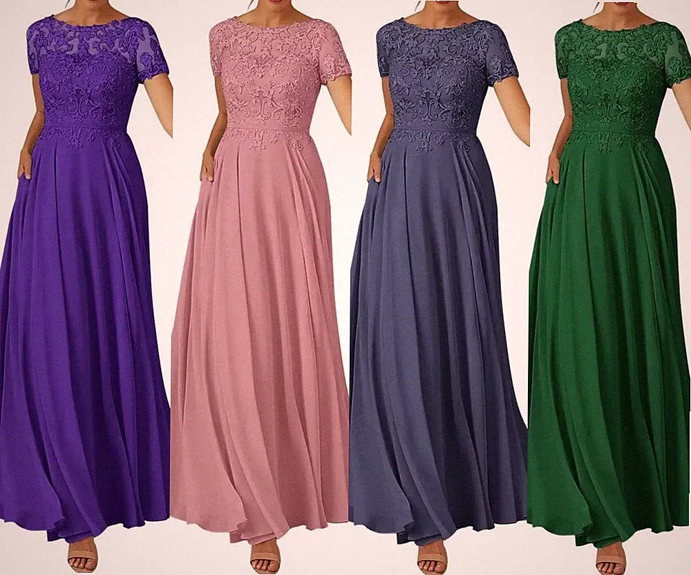 Spitze Brautmutterkleider A-Linie Lang Hochzeitsgast Kleid Chiffon Partykleid