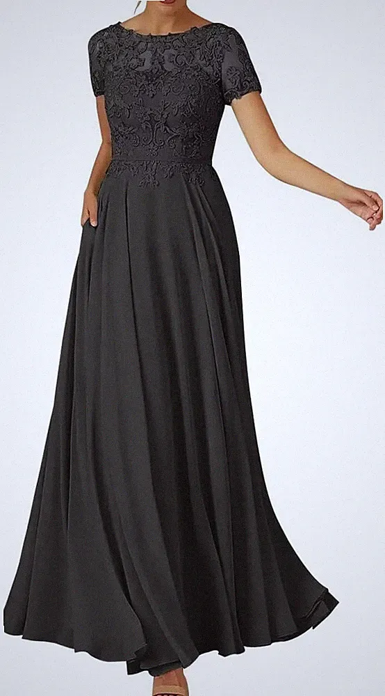 Spitze Brautmutterkleider A-Linie Lang Hochzeitsgast Kleid Chiffon Partykleid