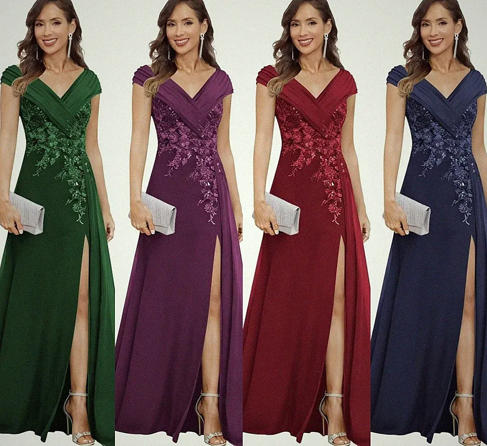 Spitzenapplikation Brautmutterkleider V-Ausschnitt Hochzeitsgäste Kleid Elegant
