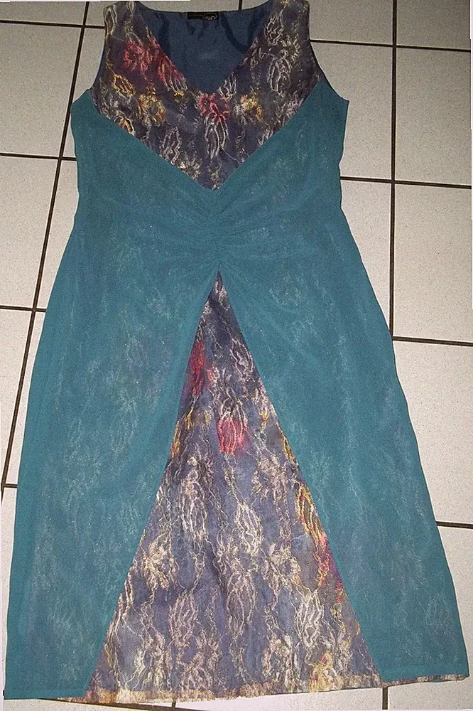 SPITZENKLEID Kleid Cocktailkleid Gr. M 38 Blau Gold Chiffon Taufe Hochzeit edel