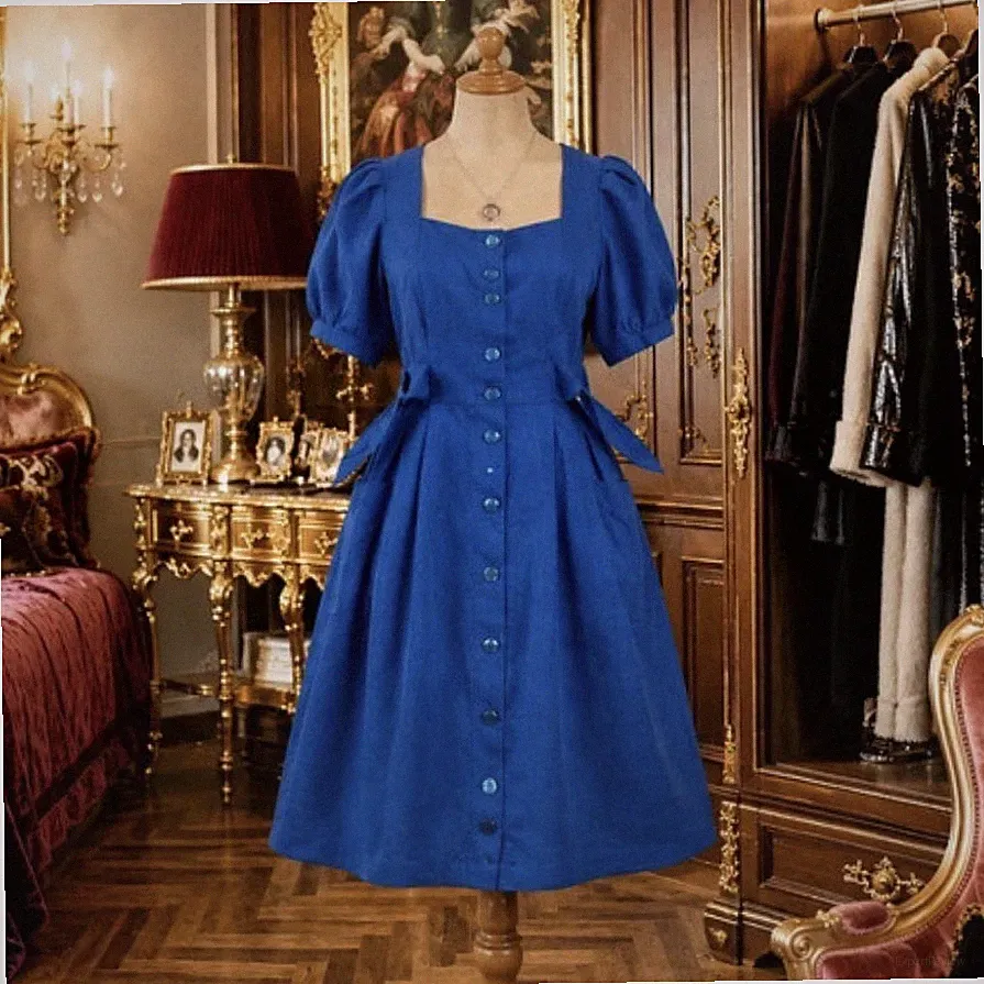 Sportalm Kitzbühel Damen Kleid Gr. 38 blau Leinen A-Linie Midi Puffärmel