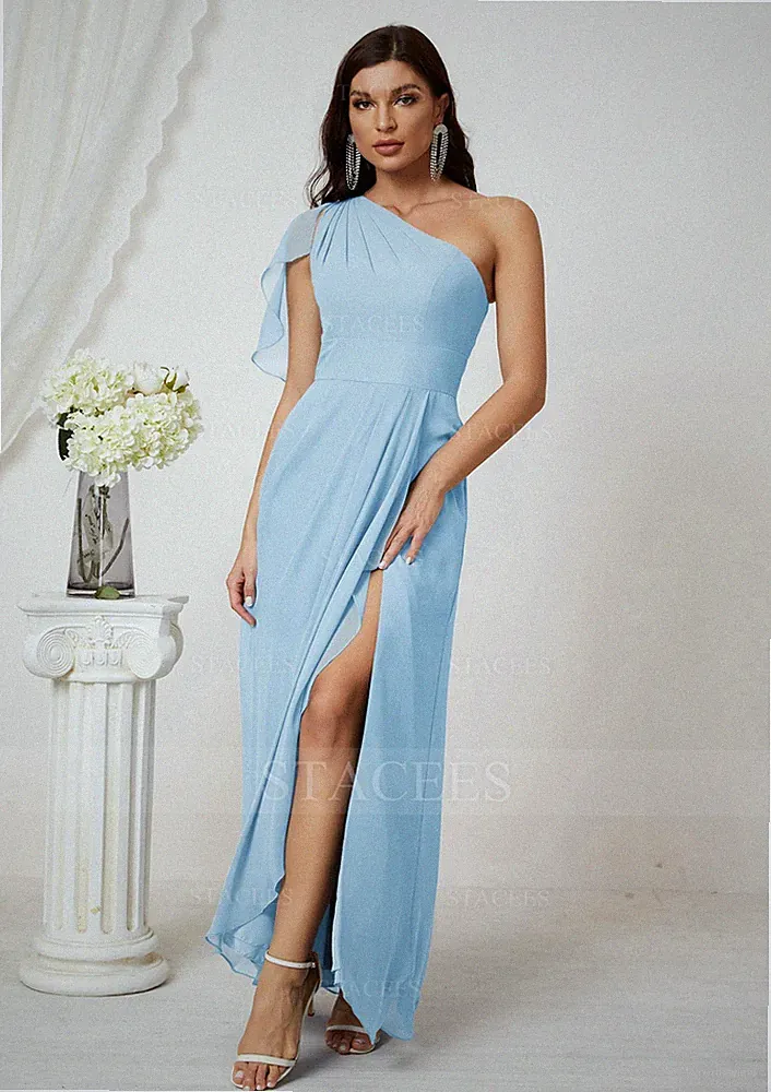 Stacey's A-Linie One-Shoulder Chiffon Lang/Bodenlang Brautjungfernkleid