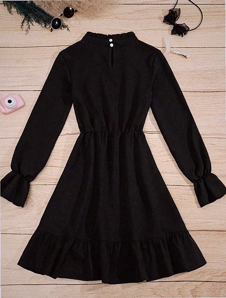 Stand Kragen Rüschen Saum A-Linie Kleid mit ausgestellten Ärmeln für Teenager