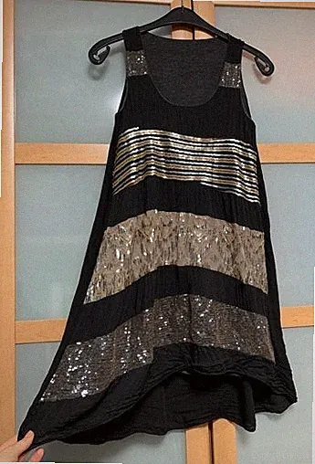 Stiefelkleid Tunika A-Form Kleid Schwarz Gold Glitzer Pailletten Gr. M Ärmellos