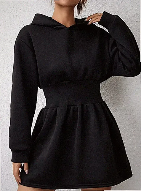 Stilvolles Kapuzenkleid mit langen Ärmeln Damen Freizeitkleid schwarz