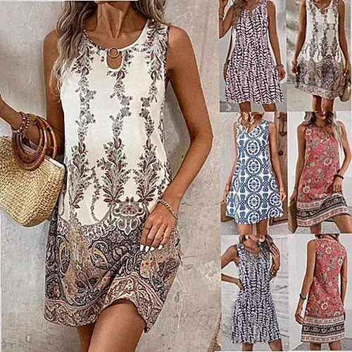 Strand Urlaub Boho Blumen Minikleid fr Damen elegant U Ausschnitt Burnout ärmellos