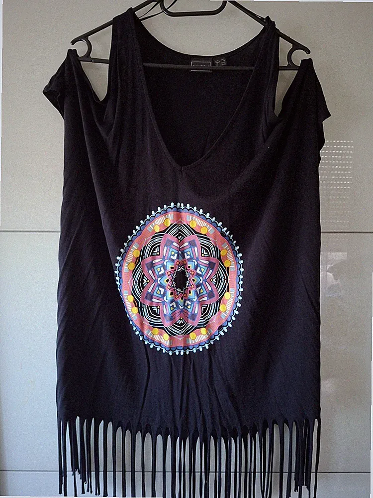 Strandtunika/Kleid Damen Rainbow 40/42 mit Fransen Schwarz
