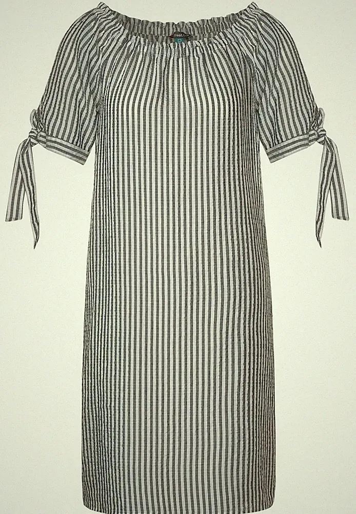 STREET ONE SOMMERKLEID NEU OVP CARMEN STYLE SEERSUCKER Gr. 42 L GRAU WEIß Uni