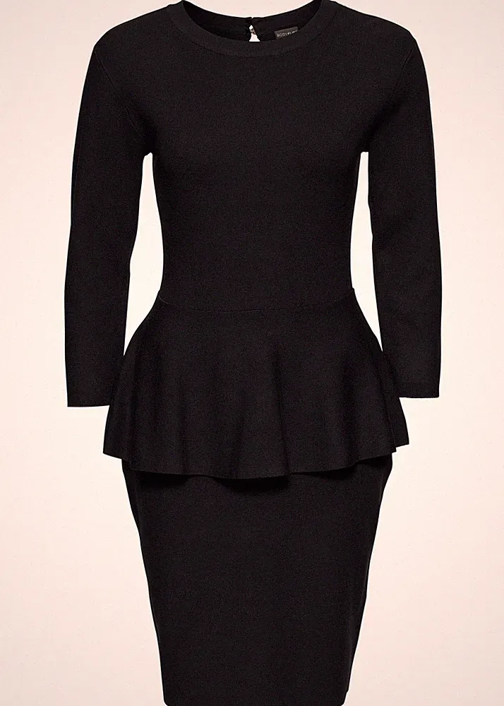 Strickkleid m Schößchen Gr 36/38 Schwarz Damen Etuikleid Kurzes Abendkleid Neu