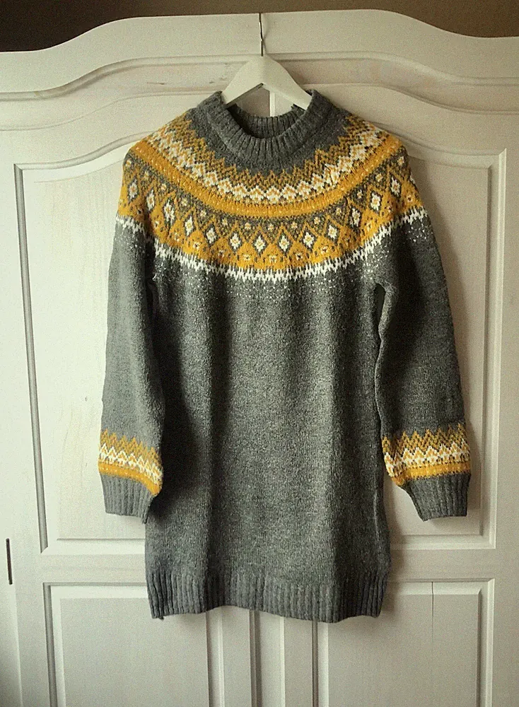 Strickkleid Pullover Pulloverkleid Stiefelkleid Grau Winterkleid Senf Norweger S