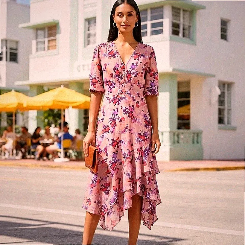 Studio by Preen Midikleid rosa Blumen UK 12 Hochzeit Gast Rennen Tee Kleid