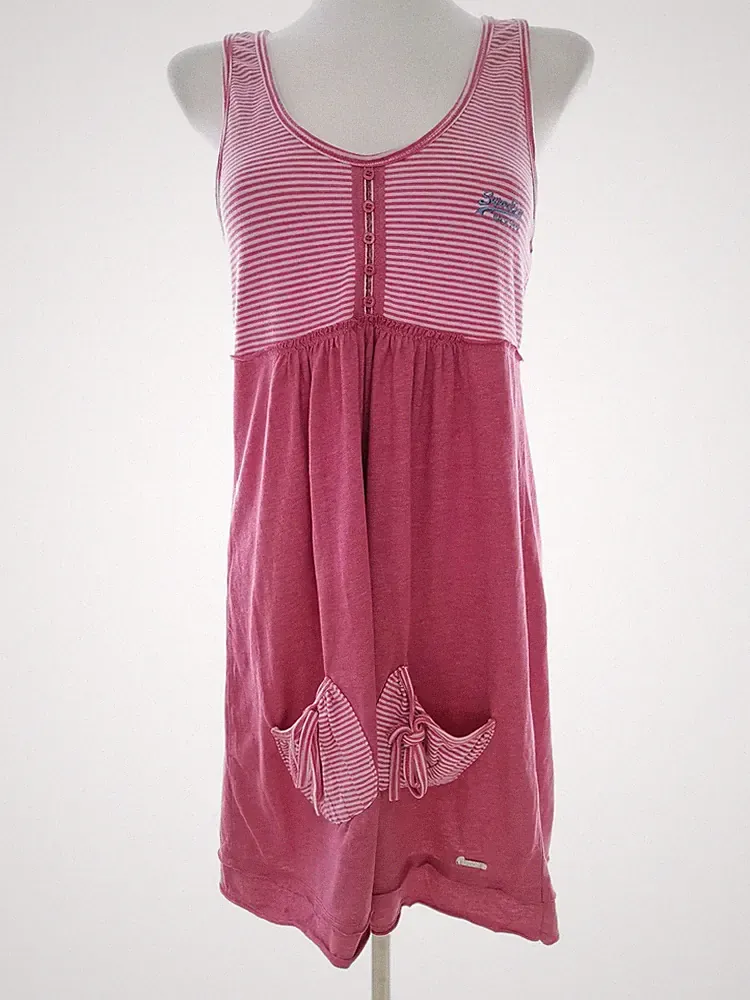 SUPERDRY Damen A-Linien-Kleid Gr. 38 Rosa Baumwolle Ärmellos Logo Streifen