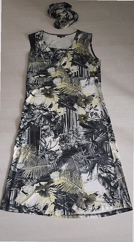 Sure Kleid 38 M Gelb Grau Freuzeitkleid Stretch mit Schal Sommerkleid wadenlang