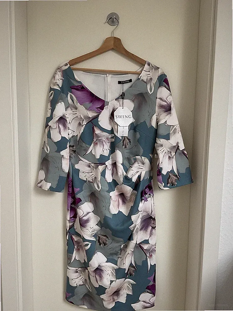 SWING Damen Abendkleid Etuikleid 42 Blau Lila Blumenmuster 3/4 Arm V-Ausschnitt