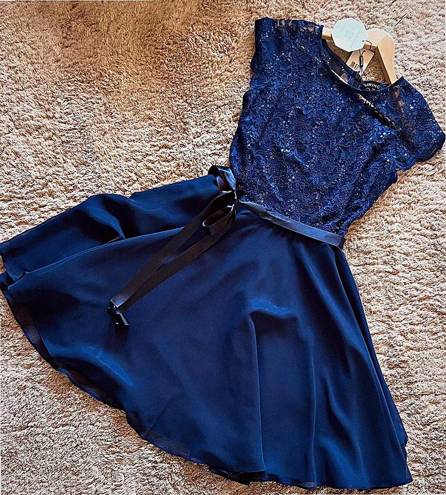 SWING Damen Kleid 44 Blau Spitze A-Linie knielang Pailletten Schleife Gürtel
