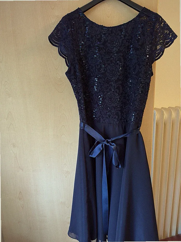 SWING Damen Kleid Blau Spitze Pailletten Schleife Gürtel A-Linie Midi Gr. 42