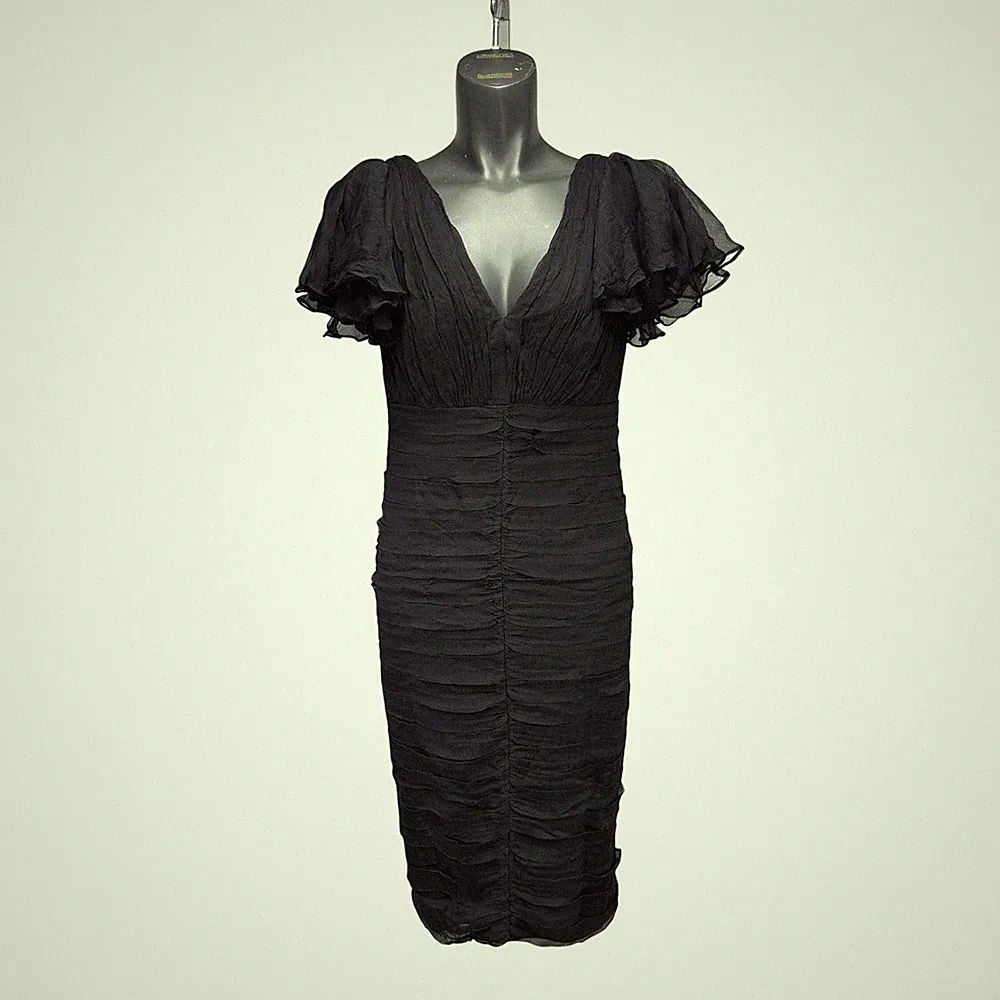 TADASHI SHOJI Black 100% Silk Ruched V-Neck Flutter Sleeve Midi Dress 10 Size L