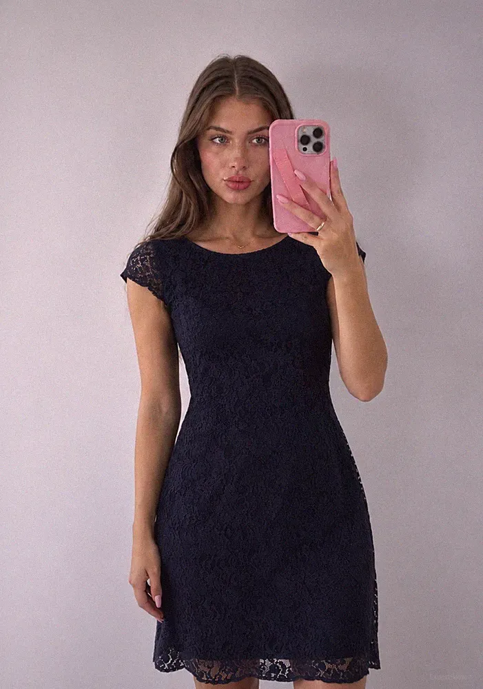 Taifun Spitzenkleid A-Linie blau Gr. 36 knielang Schleife, Flügelärmel