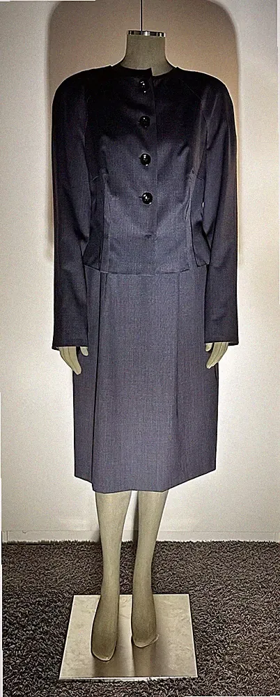 Talbot Runhof Kostüm Kleid & Jacke Gr. 44 Wolle Business Etuikleid Blau Grau