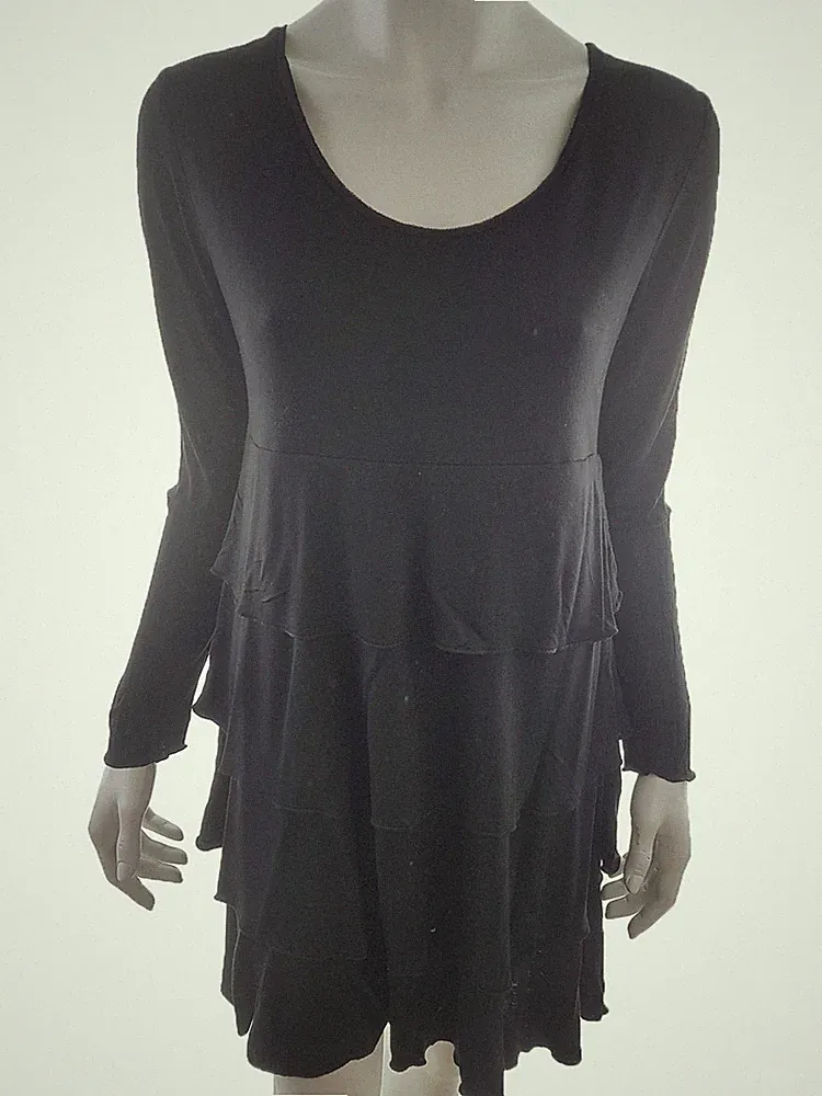 TARA Damen Kleid Gr. M Schwarz Viskose 100% Langer Ärmel Rüsche Knielang Runder