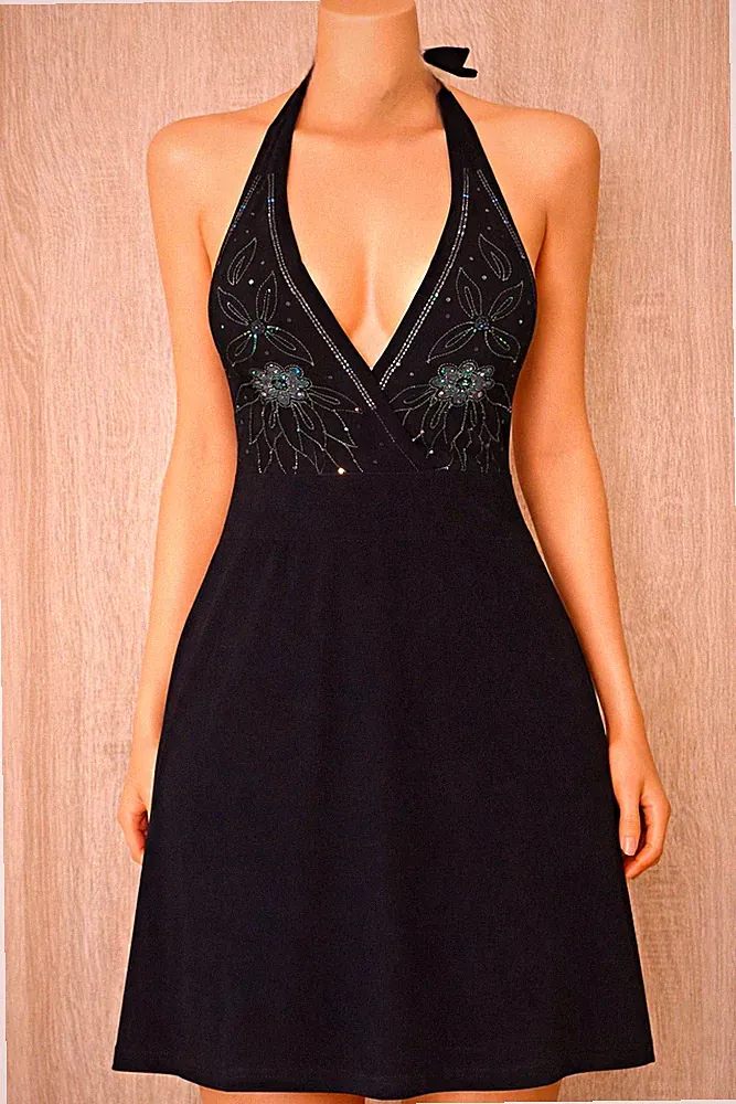 target Damen Neckholder Kleid A-Linie kurz rückenfrei bestickt XS schwarz