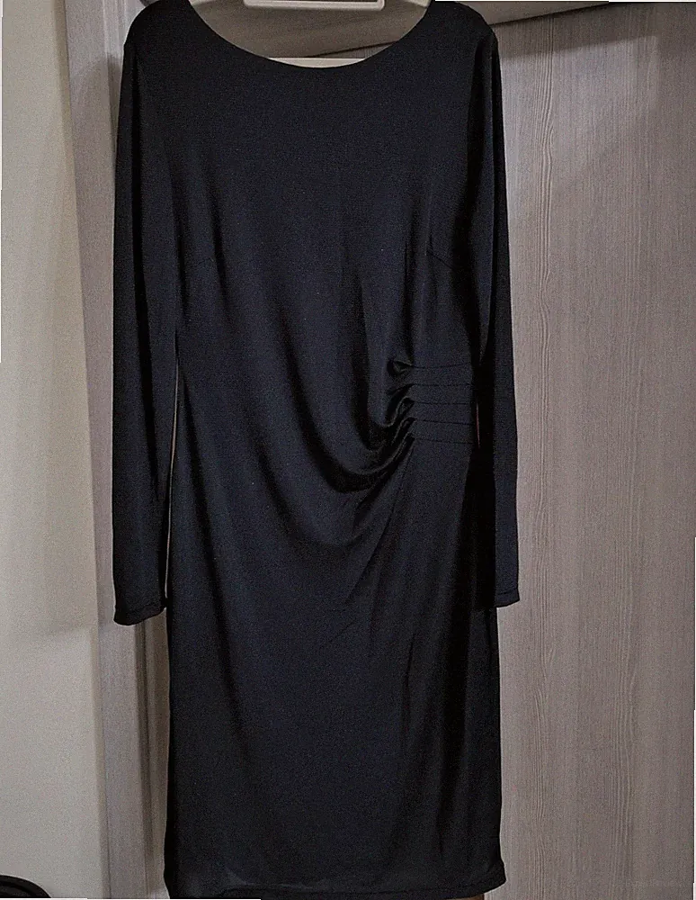 Tchibo Etuikleid Damen Gr. 40 schwarz Jersey Langarm Raffung Rundhals knie