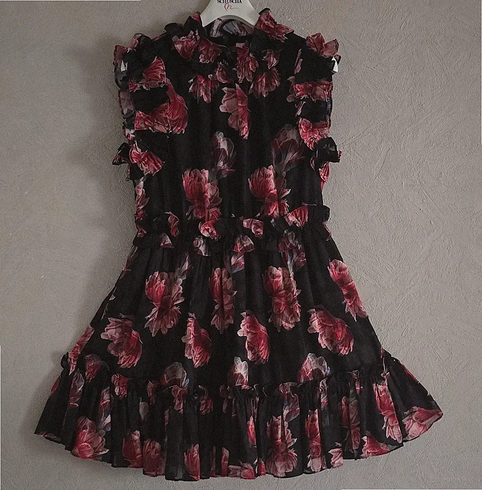 Ted Baker Damen A-Linien-Kleid Gr. 3 schwarz Blumen Rüschen ärmellos kurz