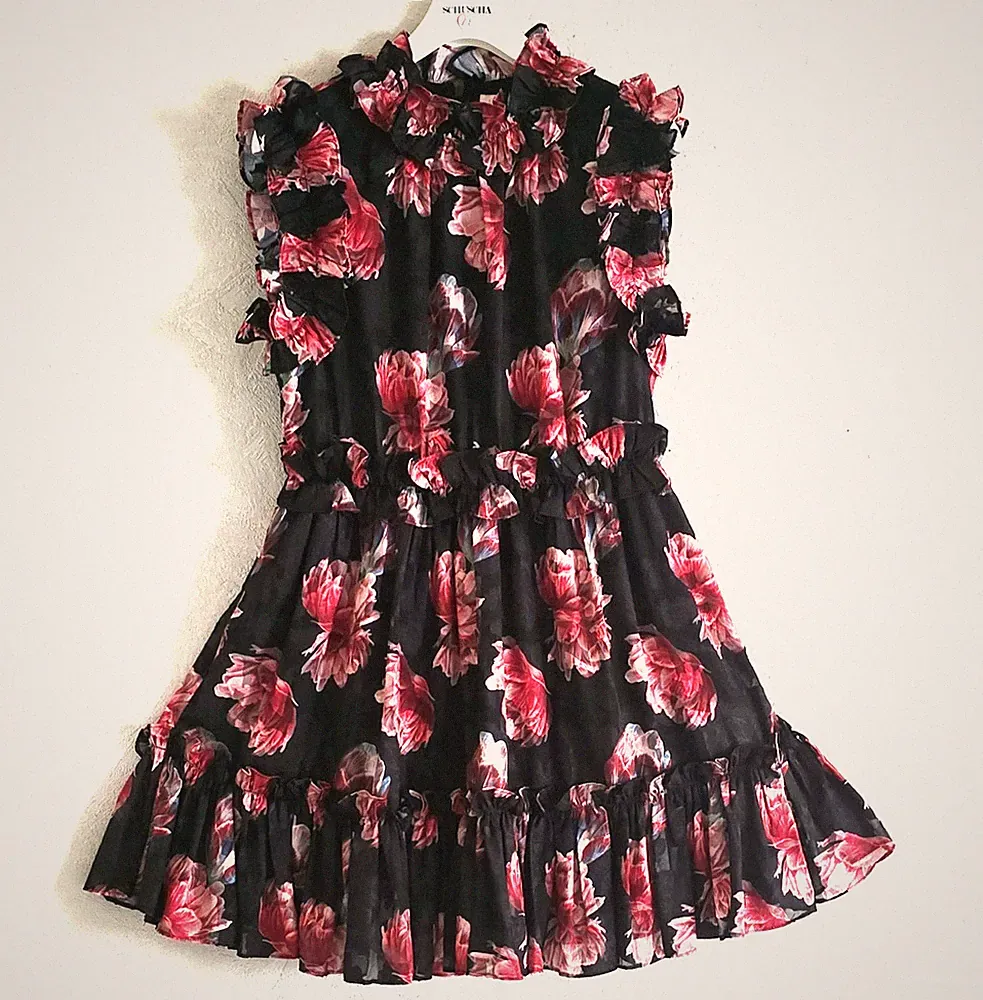 Ted Baker Damen A-Linien-Kleid Gr. 3 schwarz Blumen Rüschen ärmellos kurz