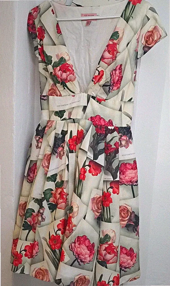 Ted Baker Damen A-Linien-Kleid knieumspielend Blumen V-Ausschnitt Kurzarm 36