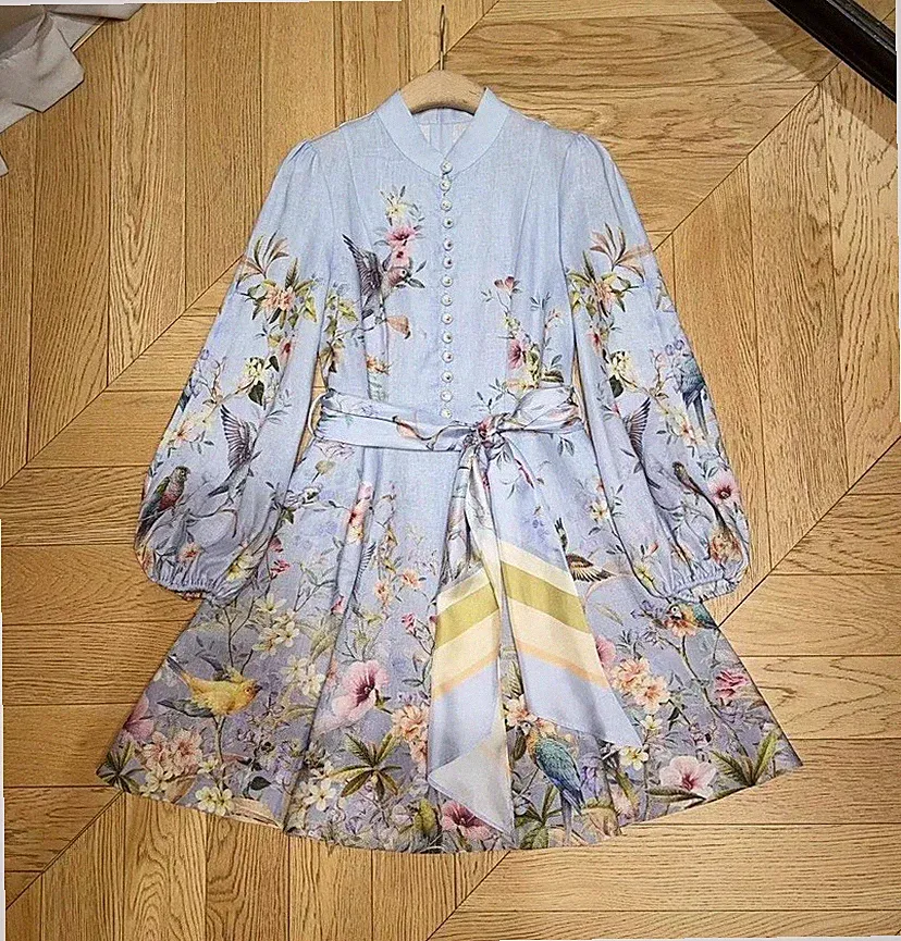 Ted Baker Damen A-Linien-Kleid Kurz Blau Blumen Leinen Stehkragen Gr 0