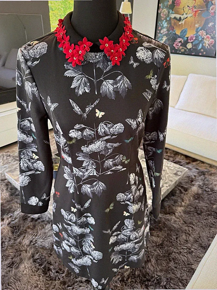 Ted Baker Damen Etui-Kleid schwarz/rot/weiß S kurz Blumen 3/4 Arm RV