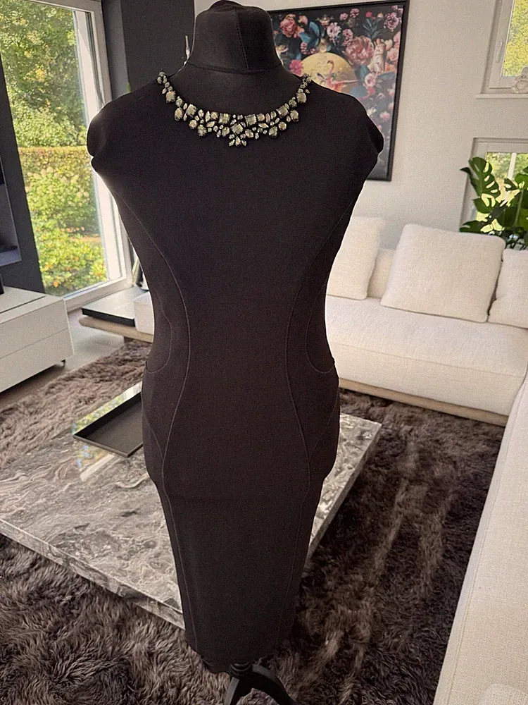 Ted Baker Damen Etuikleid schwarz M Midi Kappenärmel Kristallkragen RV