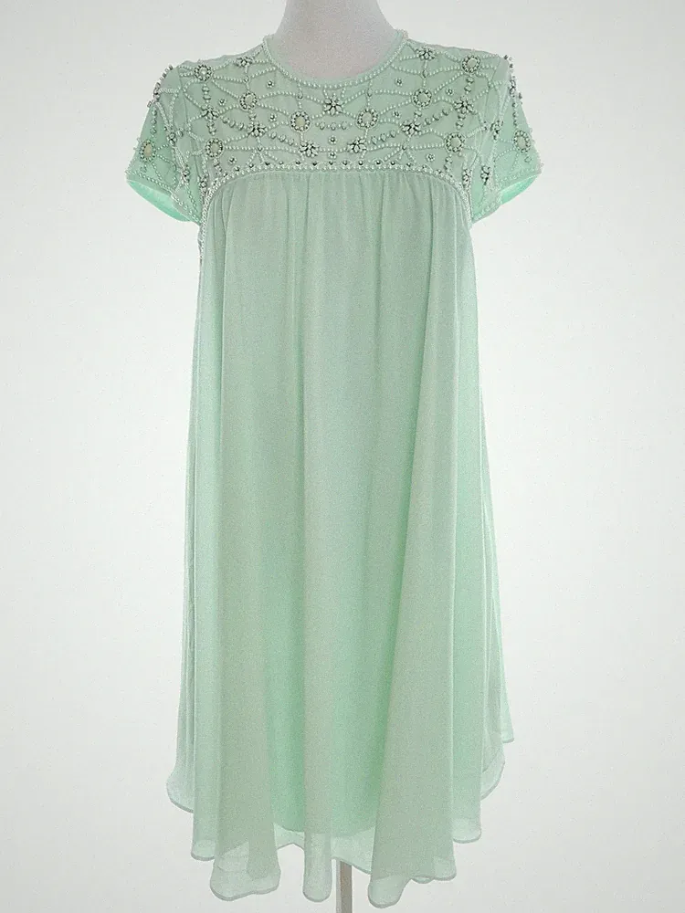 TED BAKER Damen Kleid Gr. XS Minzgrün Kurzer Ärmel Kristalle Knielang