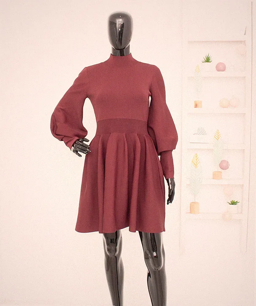 TED BAKER Naydine Kleid Merlot Skaterkleid Ballonärmel Gr.3 UK12 M