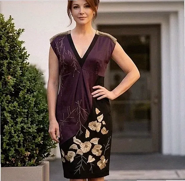 Ted Baker Satin Kleid für besondere Anlässe UK 12 lila schwarz gold Hochzeit Gast Abend Mid