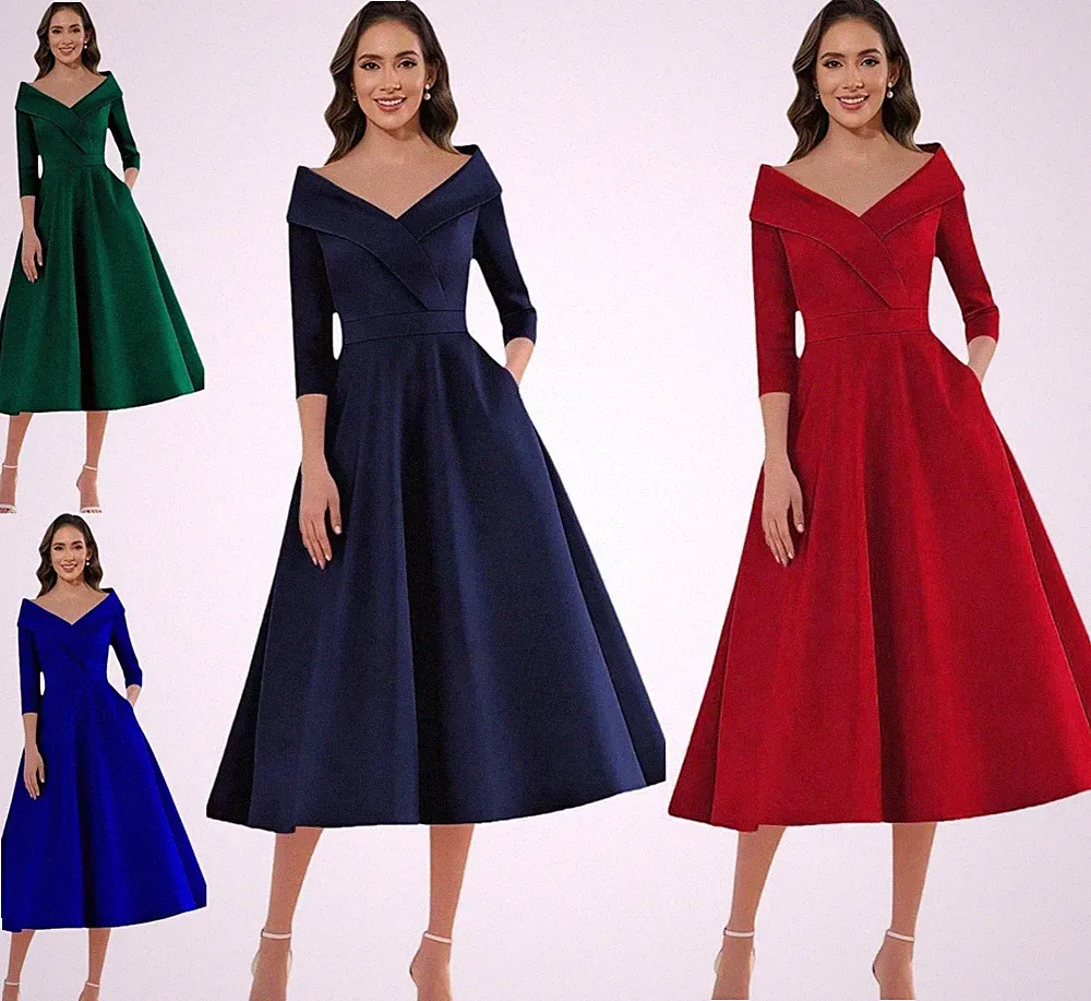 Teelanges Satin Brautmutterkleid V‑Ausschnitt mit Ärmeln Hochzeitsgast