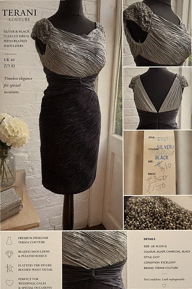 Terani Couture Cocktailkleid Perlen UK 10 silber schwarz gerafft Hochzeitsgast