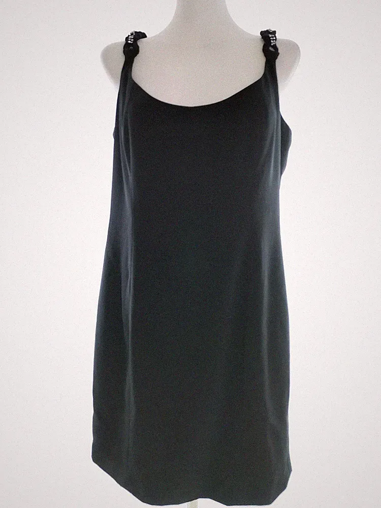 TESSARA LONDON Damen A-Linien-Kleid Gr. 42 Schwarz Ärmellos Kristalle Knielang