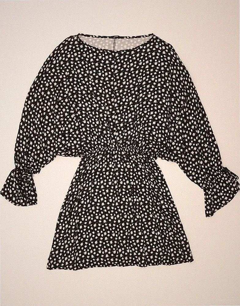 Tezenis Damen Langarm Fledermaus A-Linie Kleid UK 14 Medium schwarz Blumenmuster BC05