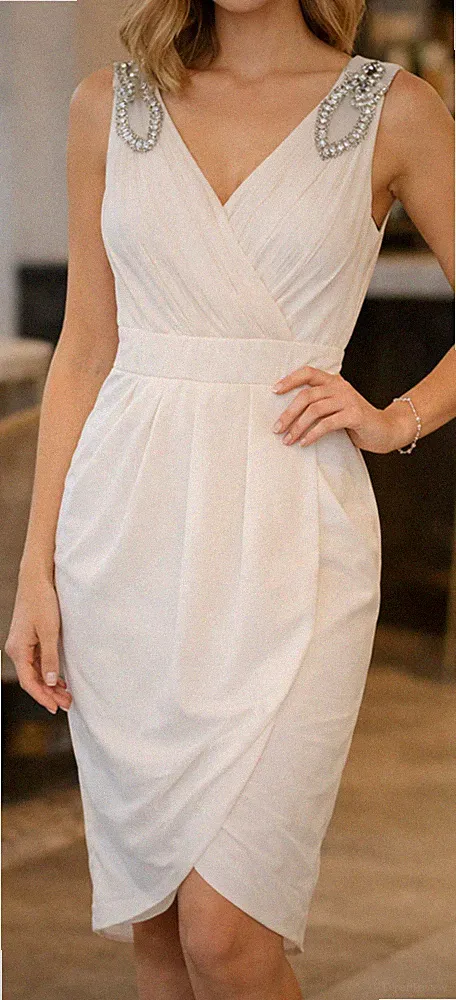 TFNC Tall Nude Beige Grecian Wrap Midi Dress Embellished Wedding Guest UK 8 Dora
