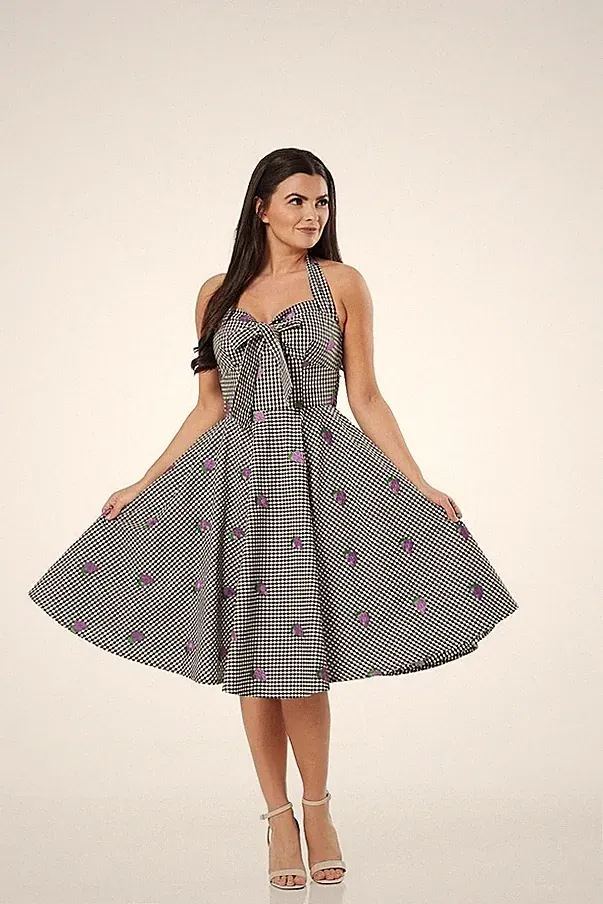 Timeless London KLEID KARIERT BESTICKT 50er Swing Dress Rockabilly Gr. L