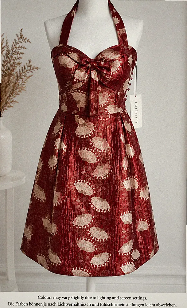 Tintoretto Neckholder Cocktailkleid 38 Burgund Gold Jacquard Party Knielang N...