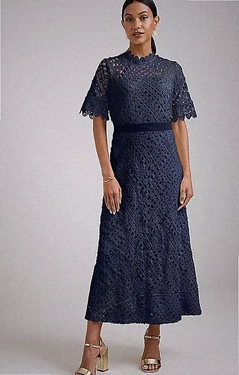 TOGETHER Spitze Midaxi Kleid Navy Blau A-Linie Rundhalsausschnitt Kurzarm UK 10