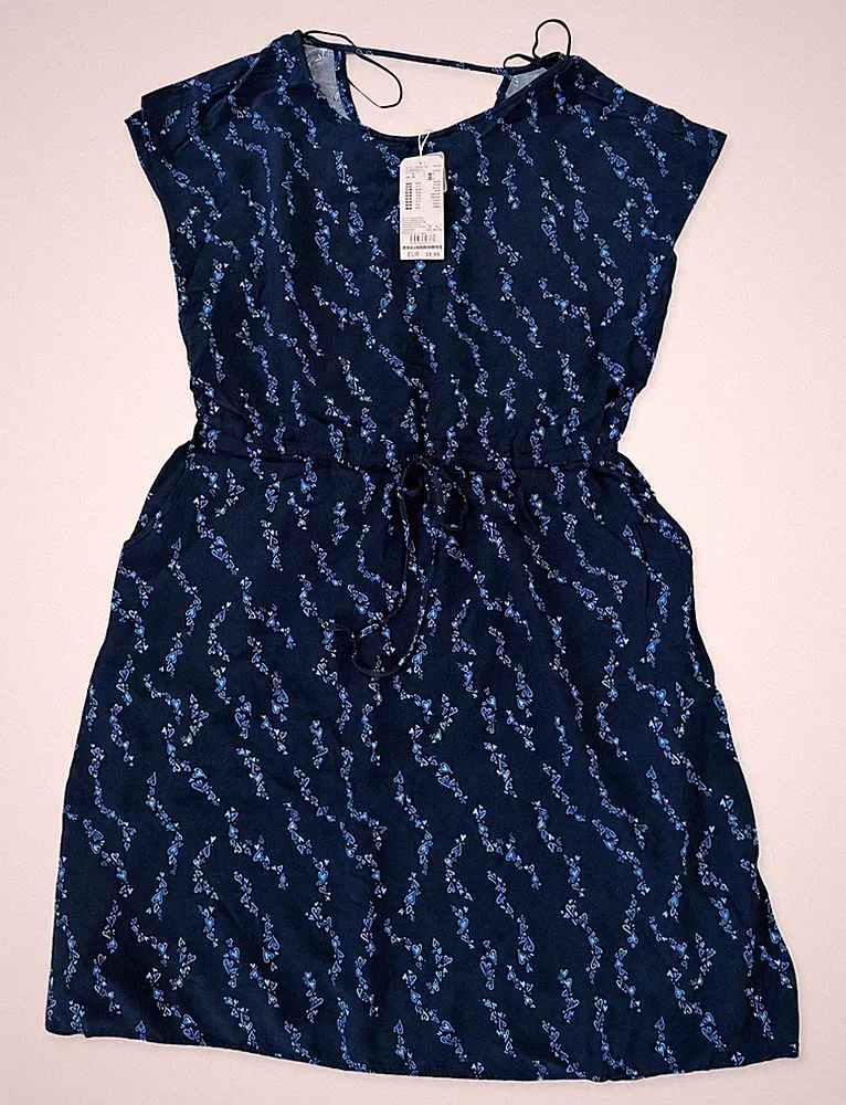 Tom Tailor Damenkleid blau Gr. S kurz Viskose Herz A-Linie Gürtel 1040671