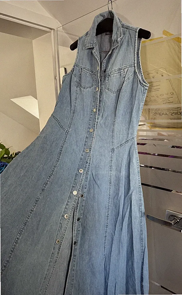 TOP Kleid Damen lang Maxi Jeanskleid Denim Jeans Sommer kleid S M 36 38 Knopfle