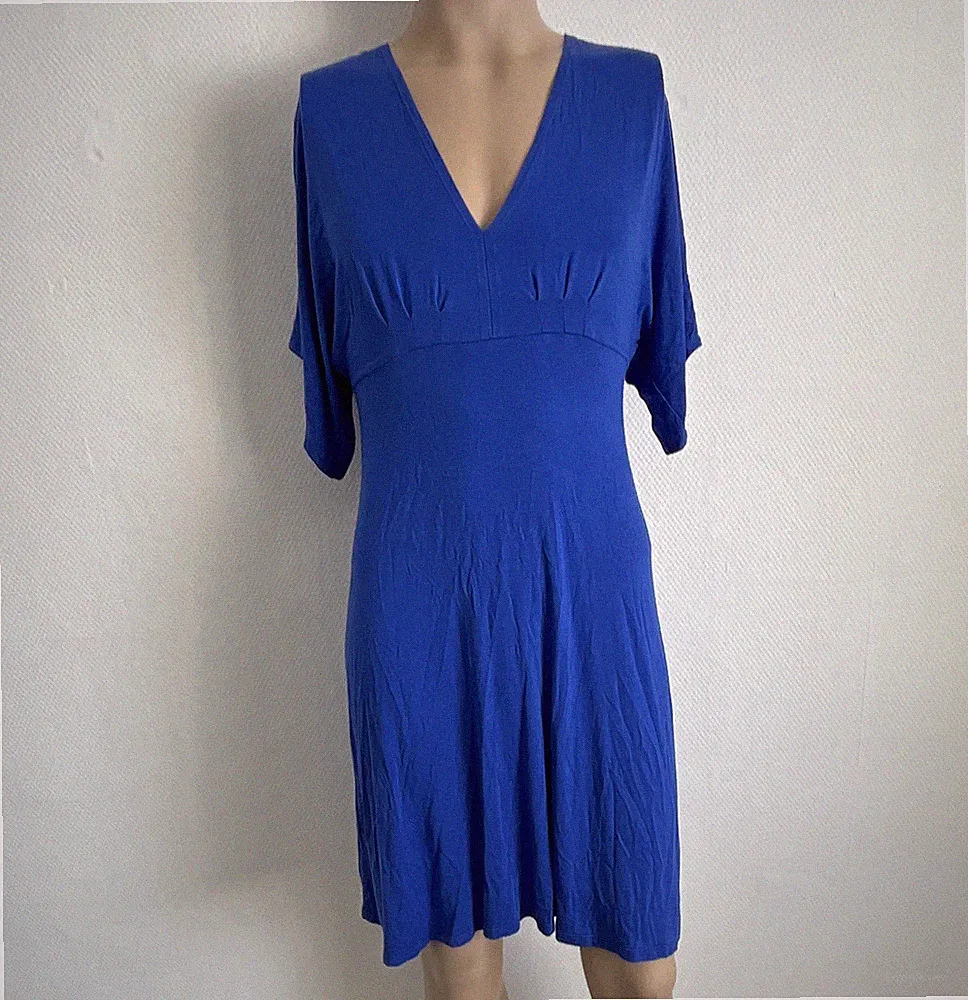 TOPSHOP Damen Abendkleid 36 Blau Unifarben Kurz Halbarm V-Ausschnitt