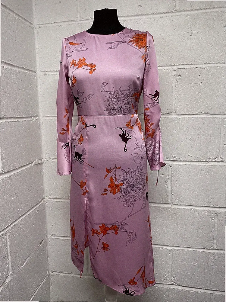 Topshop Petite Rosa Satin Midikleid Seitenschlitz Blumen Affenmuster Größe 6.PT