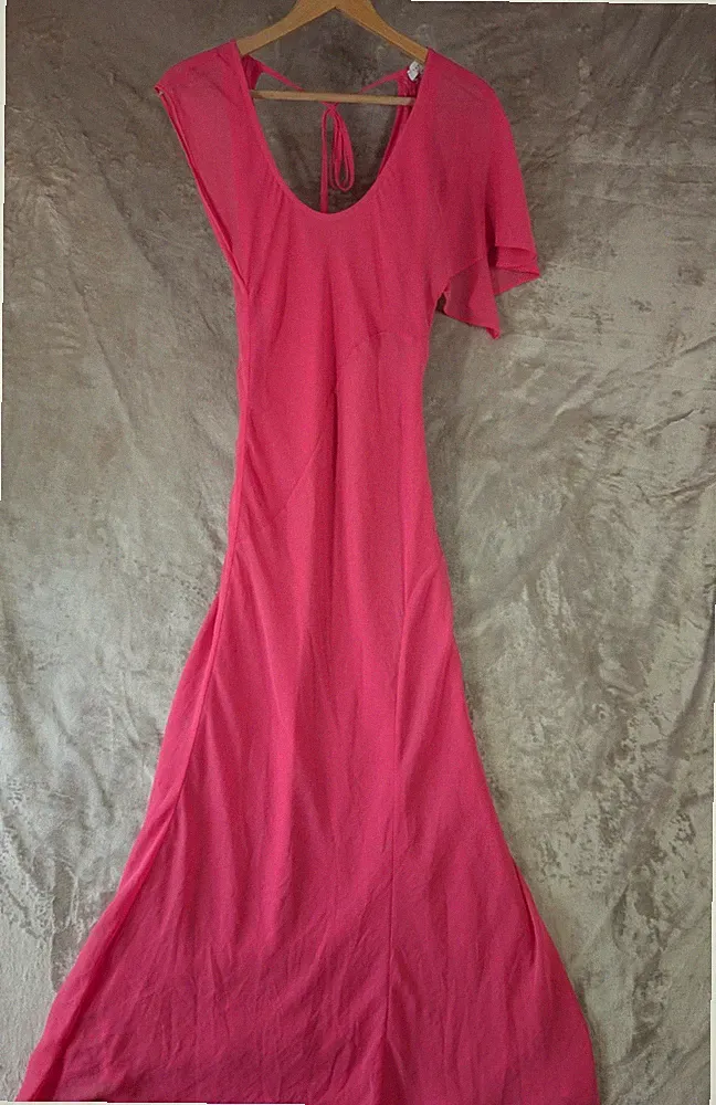 Topshop rosa Maxikleid UK 8 asymmetrisch Chiffon Wasserfallausschnitt Anlass Hochzeit Gast